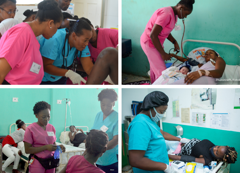 Collage of photos of midwives helping patients in Ste Therese Hospital